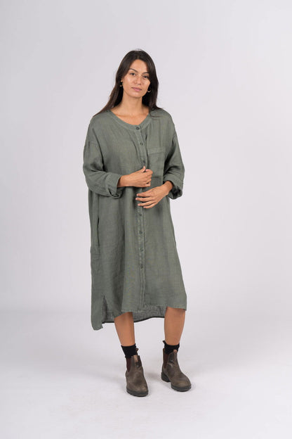 Montaigne Marion Linen Button-Up Dress Khaki