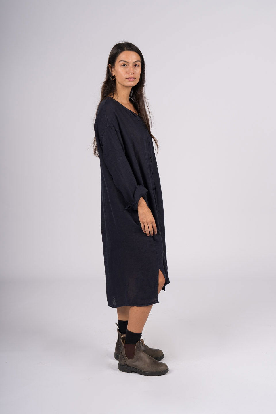 Montaigne Marion Linen Button-Up Dress Navy