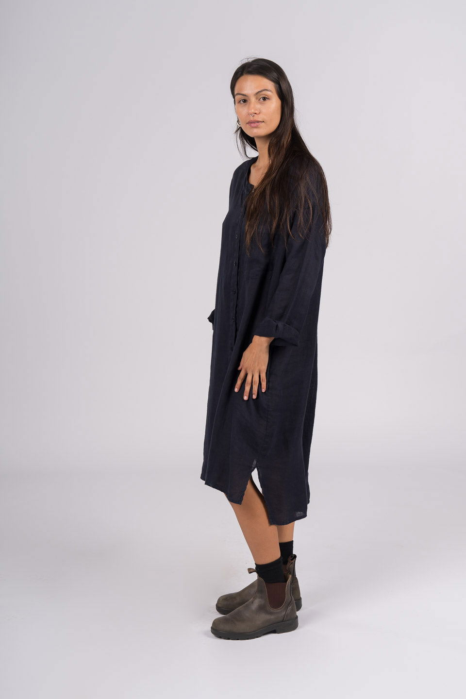 Montaigne Marion Linen Button-Up Dress Navy1