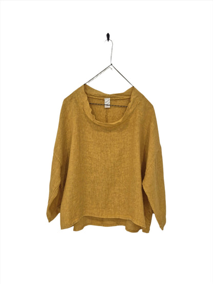 Montaigne Mathilde Linen Boat Neck 3/4 Sleeve Top Mustard
