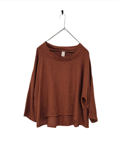 Montaigne Mathilde Linen Boat Neck 3/4 Sleeve Top Rust