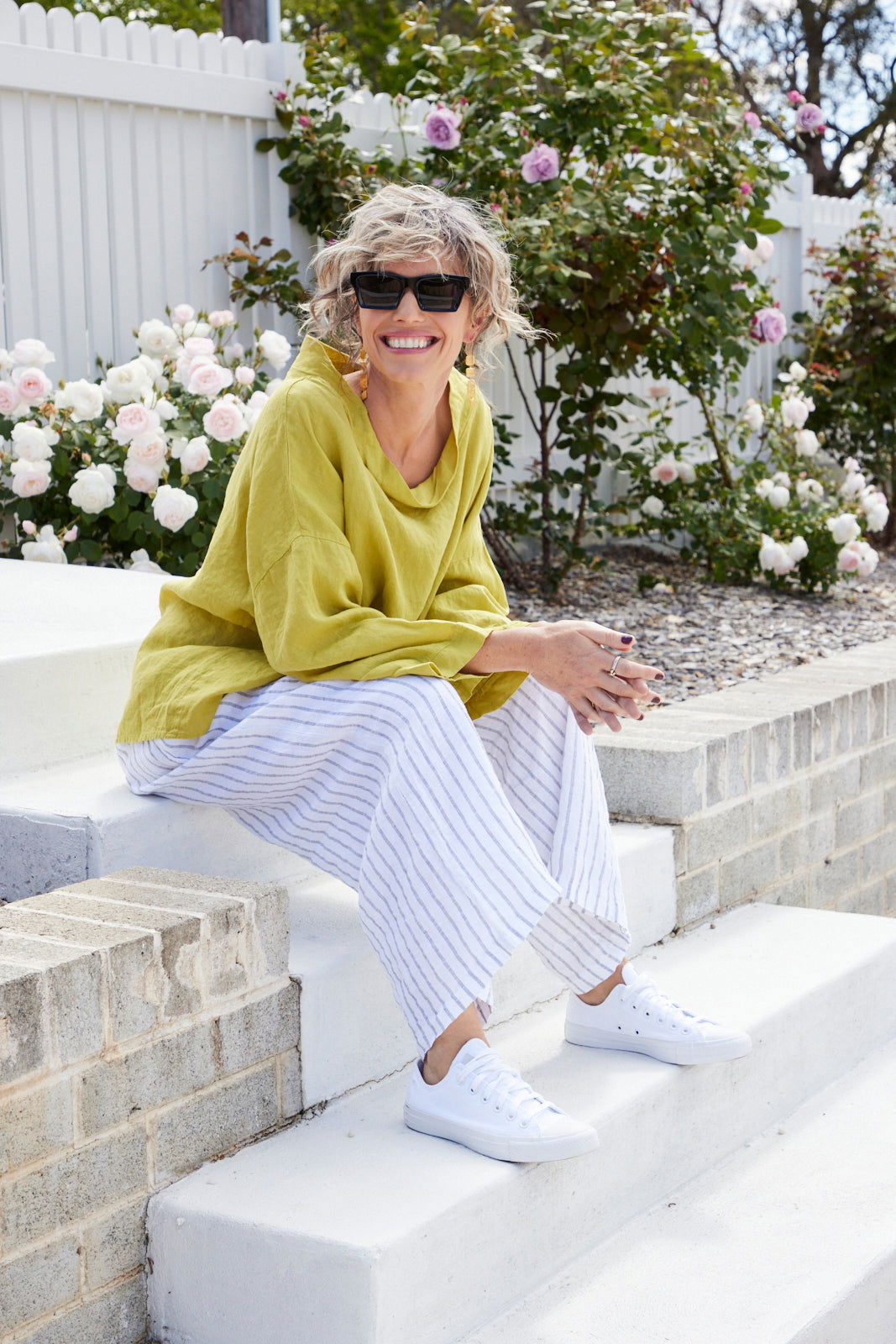 Montaigne Mathilde Linen Boat Neck 3/4 Sleeve Top Senape