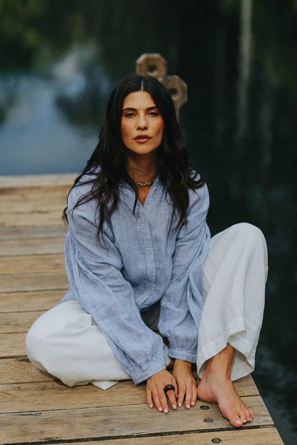 Montaigne Mila Fine Blue Stripe Linen Top