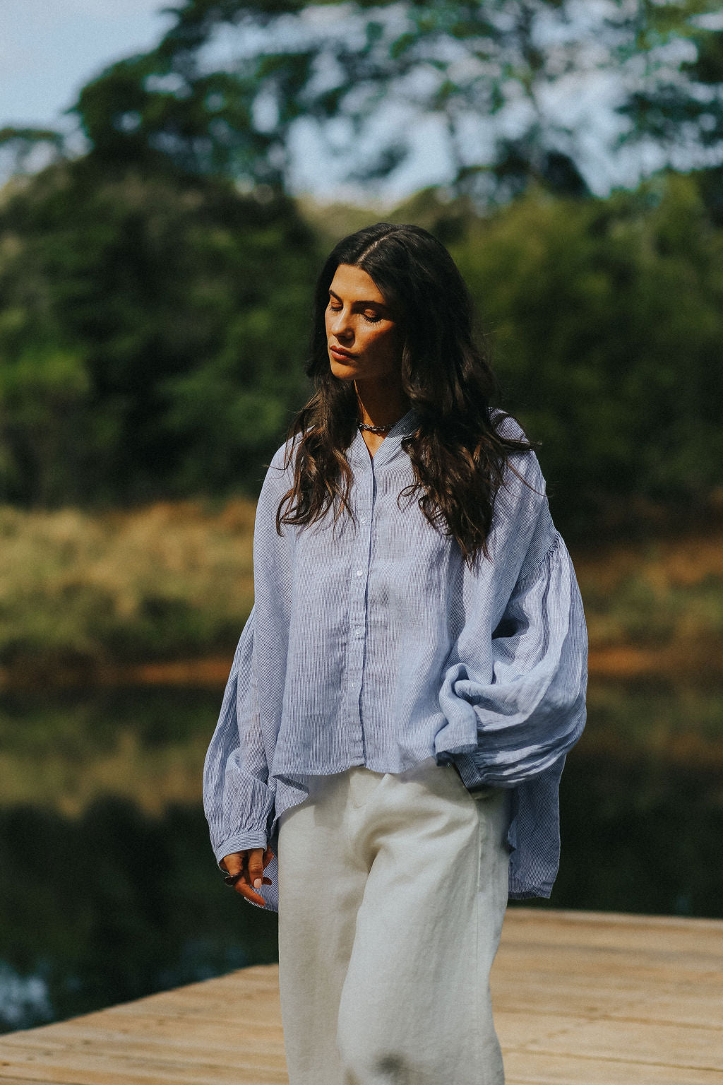 Montaigne Mila Fine Blue Stripe Linen Top3