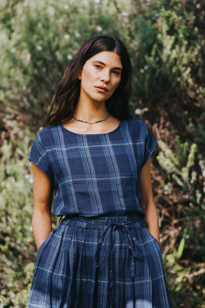 Montaigne Mirella Blue Check Linen Top
