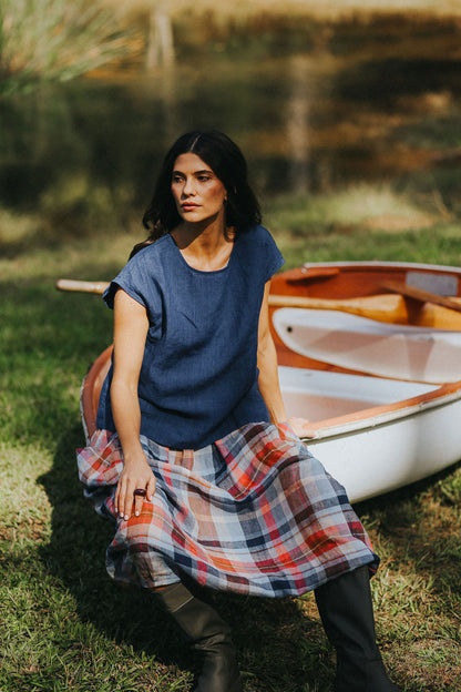 Montaigne Mirella Indigo Linen Cap Sleeve Top