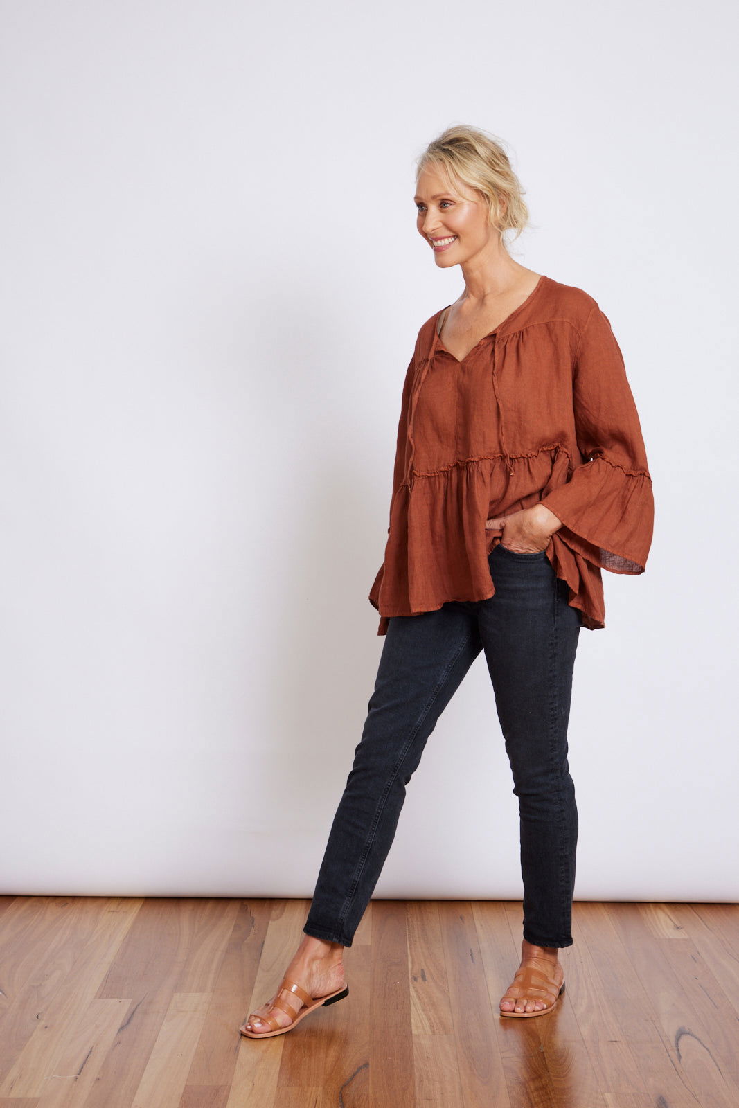 Montaigne Nicole Tiered Linen Long Sleeve Top Rust