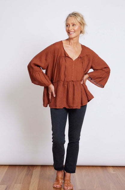Montaigne Nicole Tiered Linen Long Sleeve Top Rust1