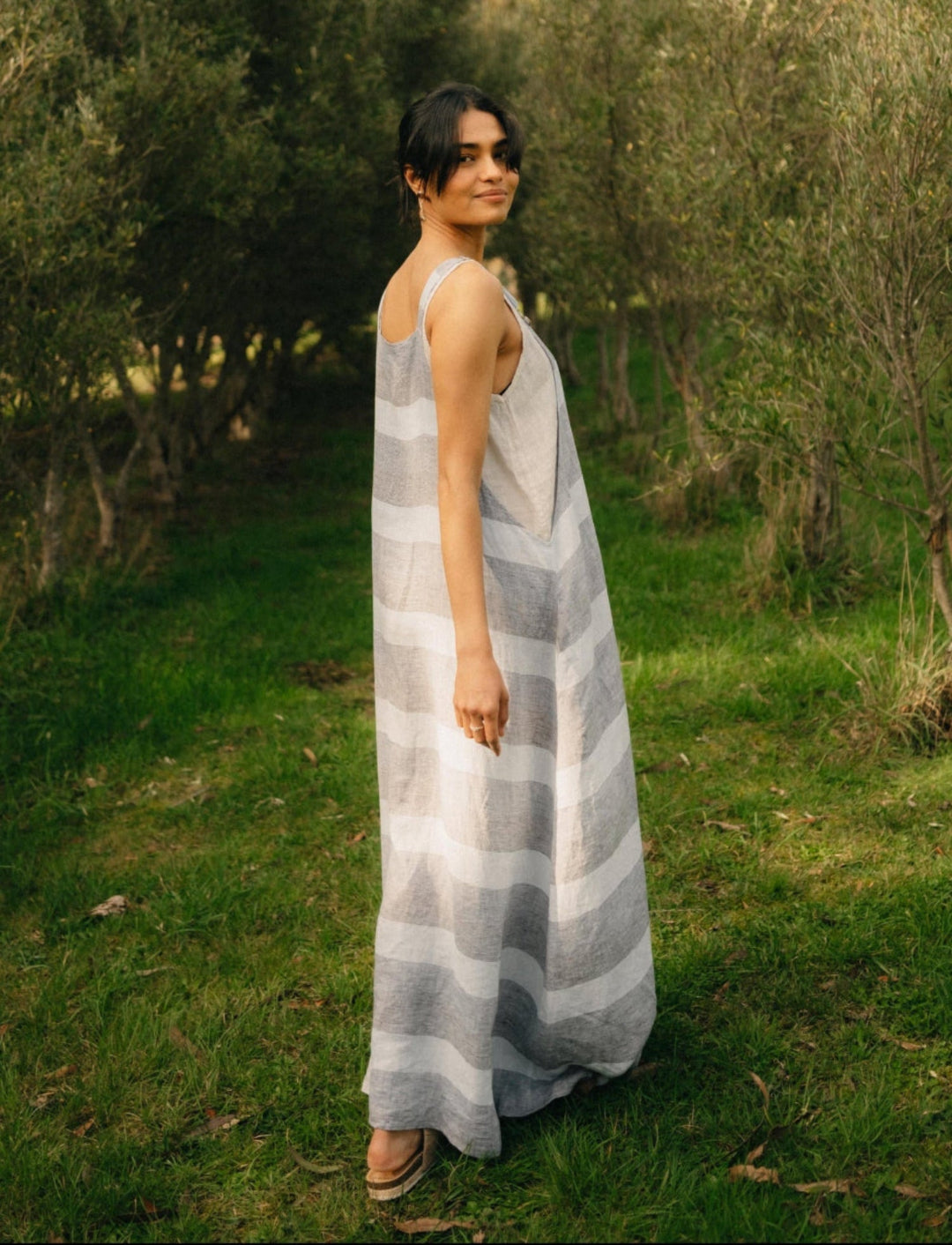Montaigne Overall-Style Maxi Linen Dress in Blue Stripe