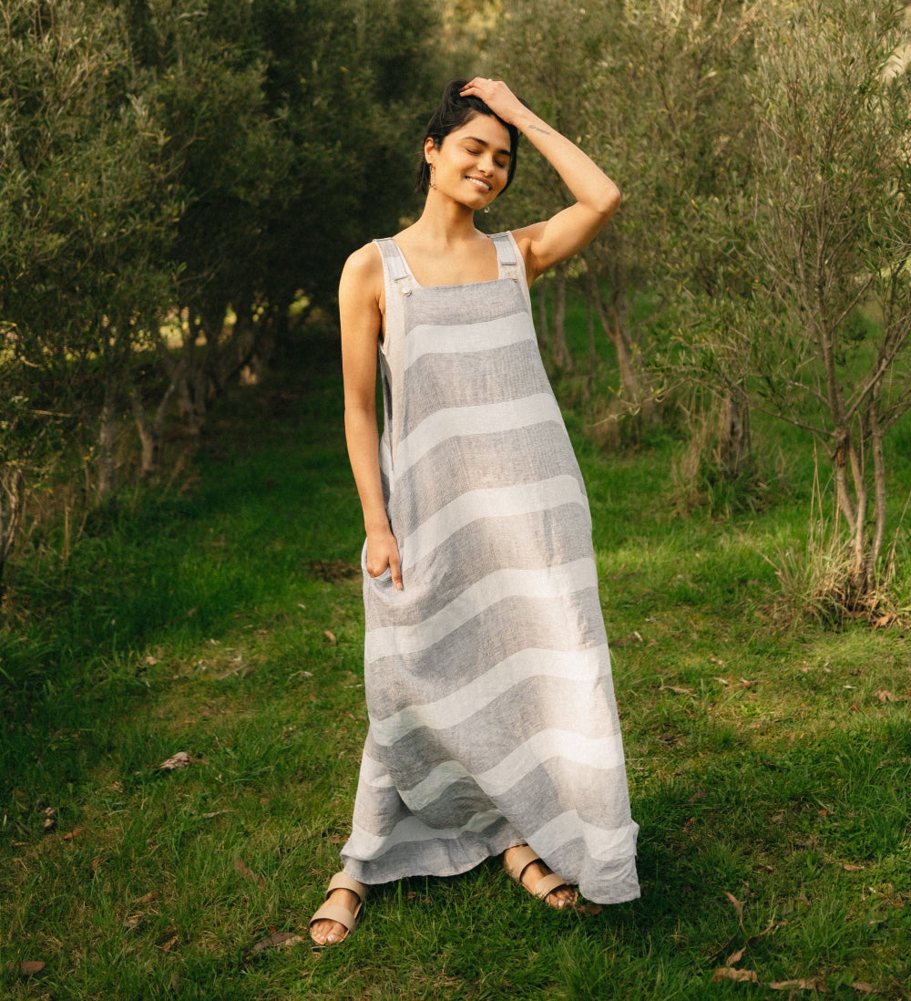 Montaigne Overall-Style Maxi Linen Dress in Blue Stripe