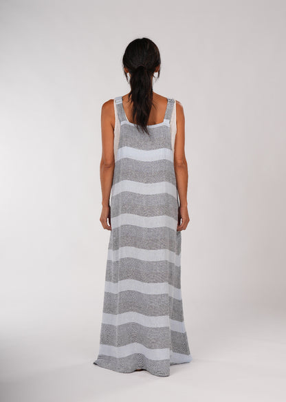 Montaigne Overall-Style Maxi Linen Dress in Blue Stripe