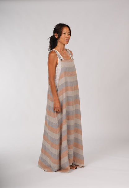 Montaigne Overall-Style Maxi Linen Dress in Stripe Orange