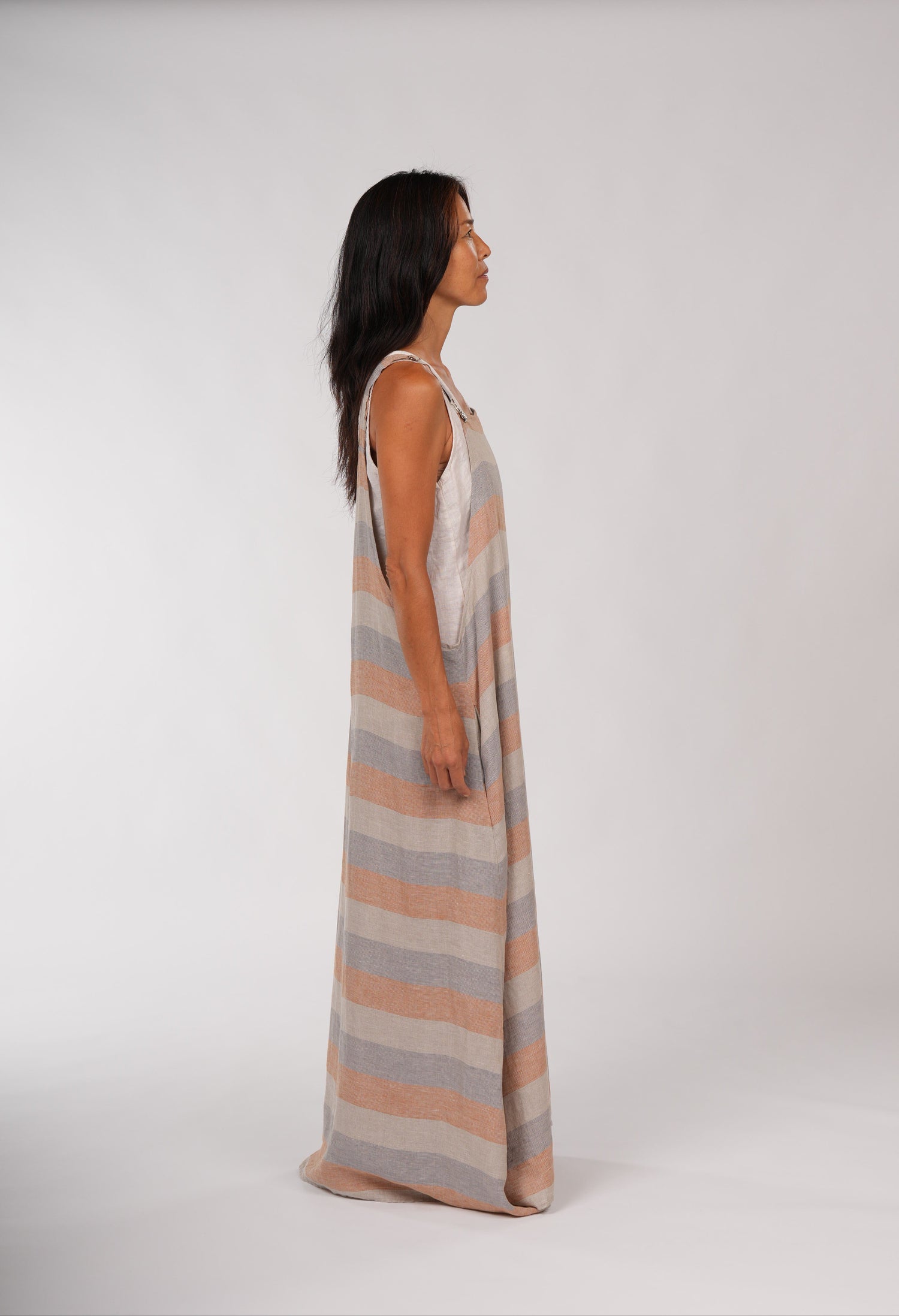 Montaigne Overall-Style Maxi Linen Dress in Stripe Orange2