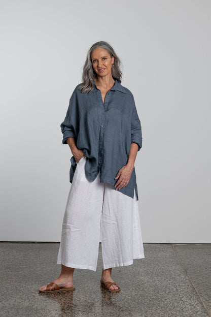 Montaigne Oversized Linen Boyfriend Shirt Denim