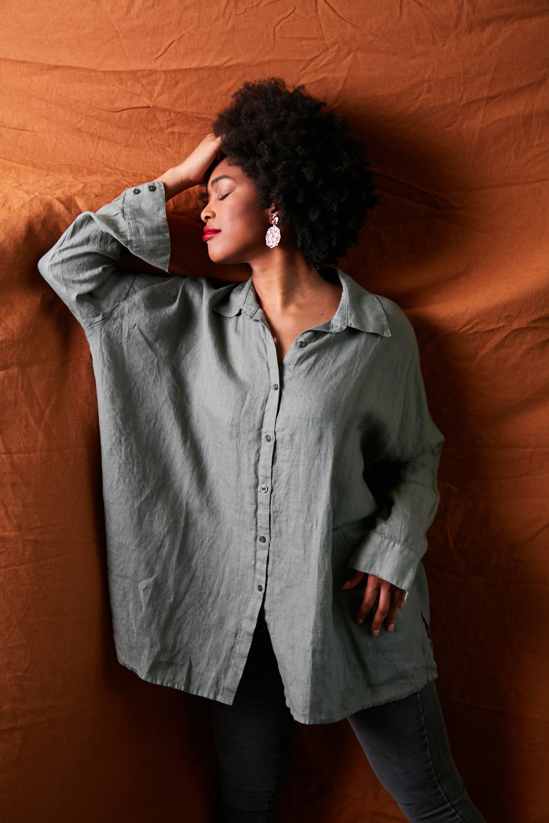 Montaigne Oversized Linen Boyfriend Shirt Khaki1