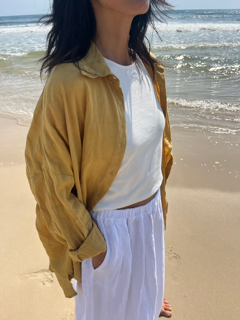 Montaigne Oversized Linen Boyfriend Shirt Mustard1
