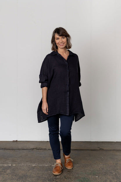 Montaigne Oversized Linen Boyfriend Shirt Navy