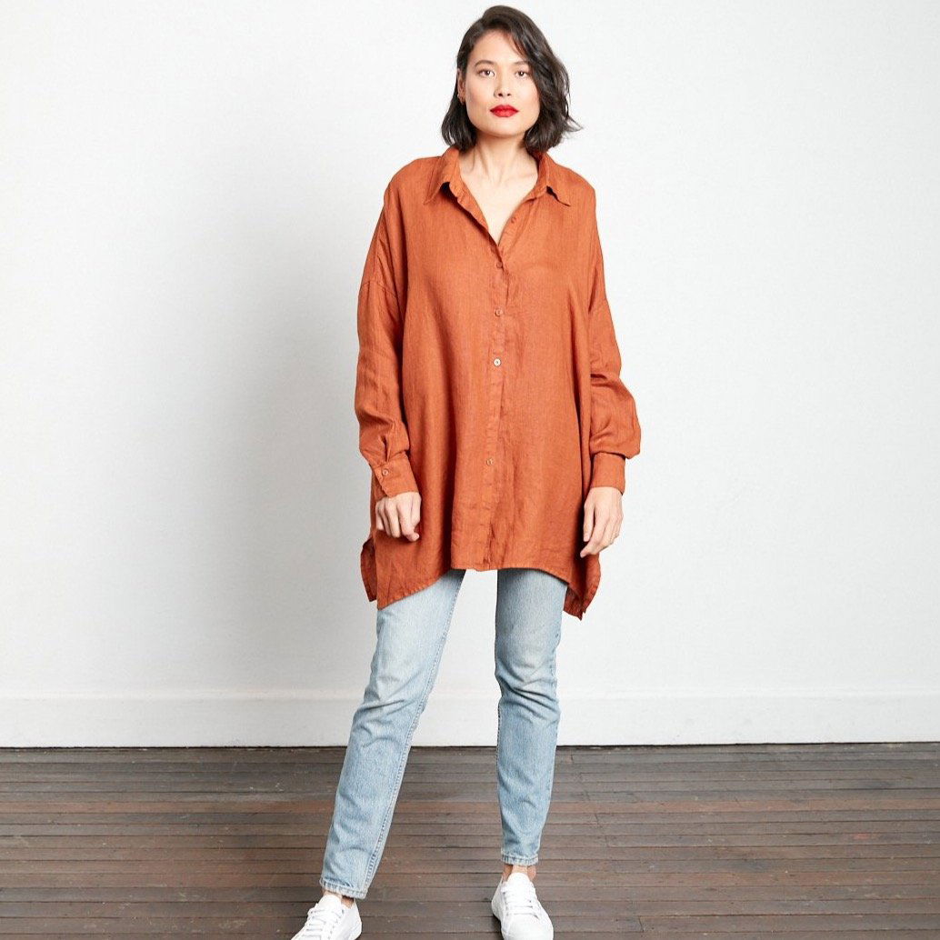 Montaigne Oversized Linen Boyfriend Shirt Rust