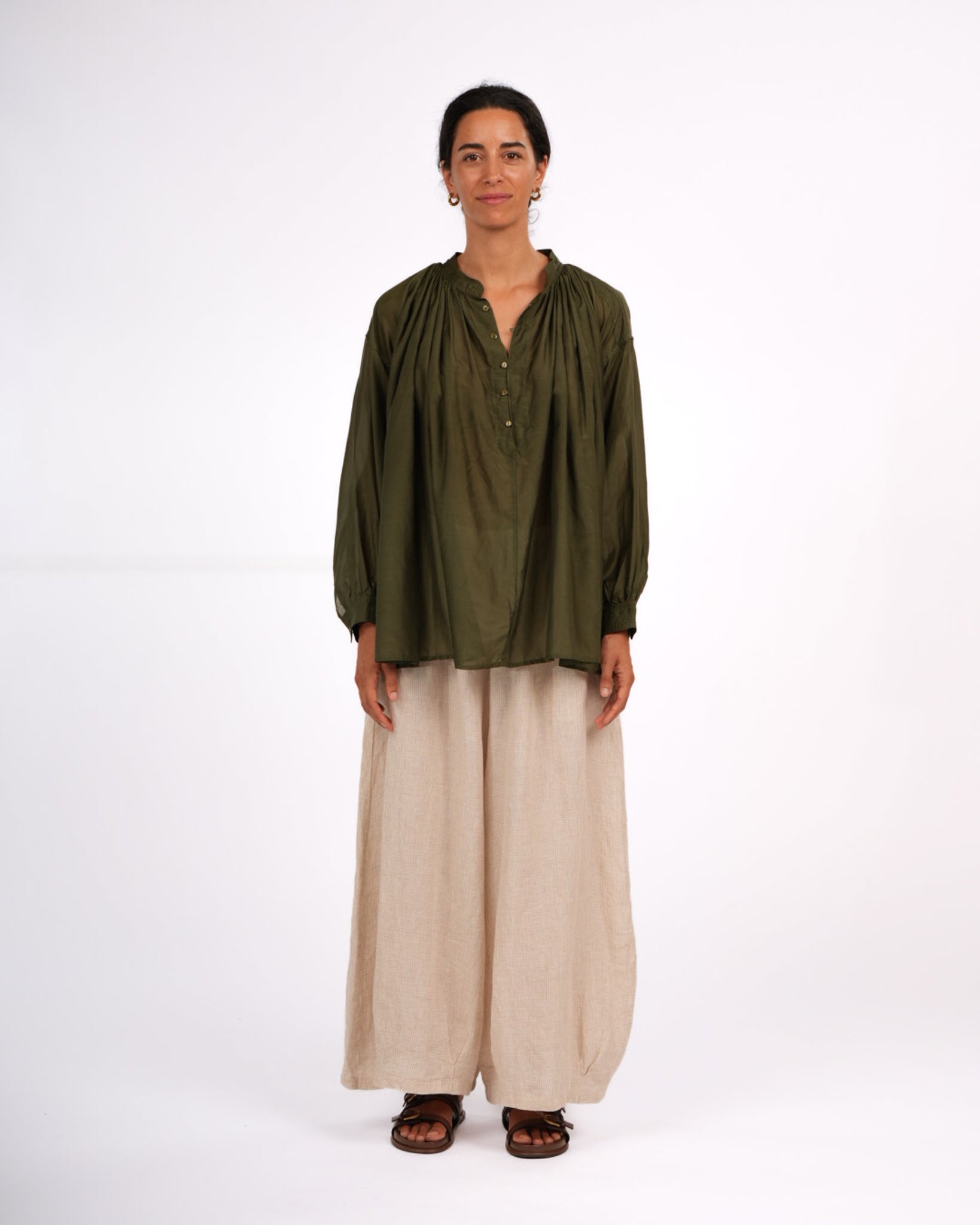 Montaigne Palma Cotton Silk Long Sleeve Blouse Green1