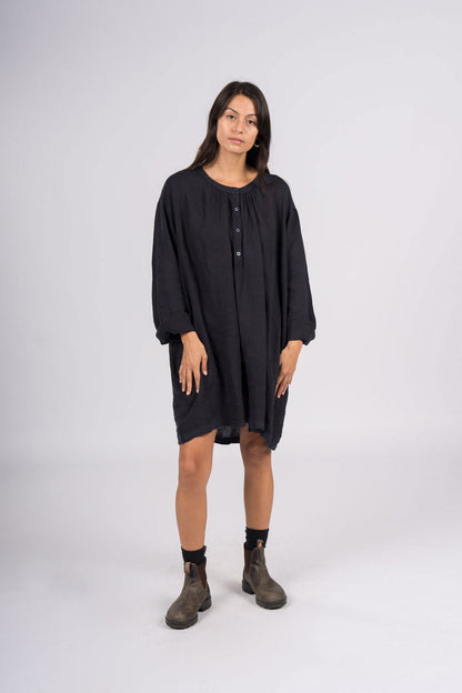 Montaigne Paysanne Oversized Linen Shirt Navy