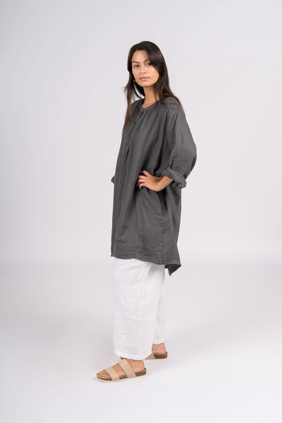 Montaigne Paysanne Oversized Linen Shirt Petrol