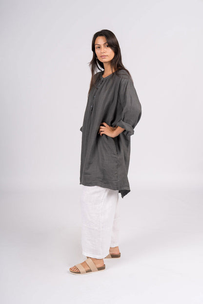 Montaigne Paysanne Oversized Linen Shirt Petrol