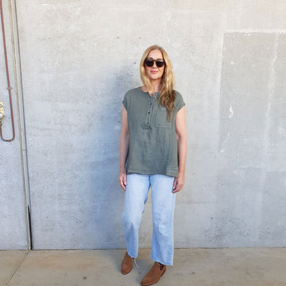 Montaigne Perla Linen Cap-Sleeve Top Khaki