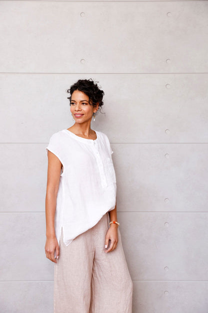 Montaigne Perla Linen Cap-Sleeve Top White