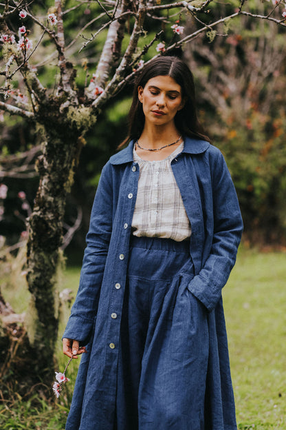Montaigne Peter Pan Collar Linen Coat in Indigo