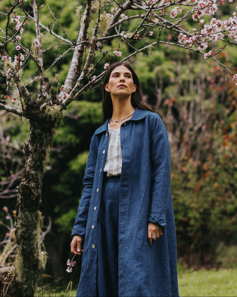 Montaigne Peter Pan Collar Linen Coat in Indigo1