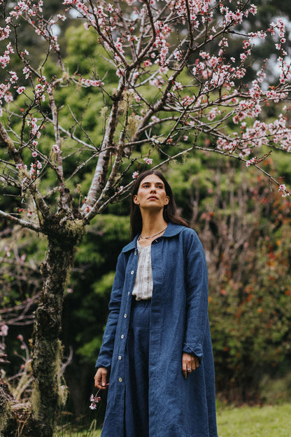 Montaigne Peter Pan Collar Linen Coat in Indigo1