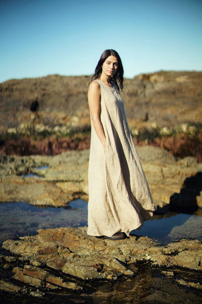 Montaigne Picasso A-line Linen Maxi Dress Ocre1