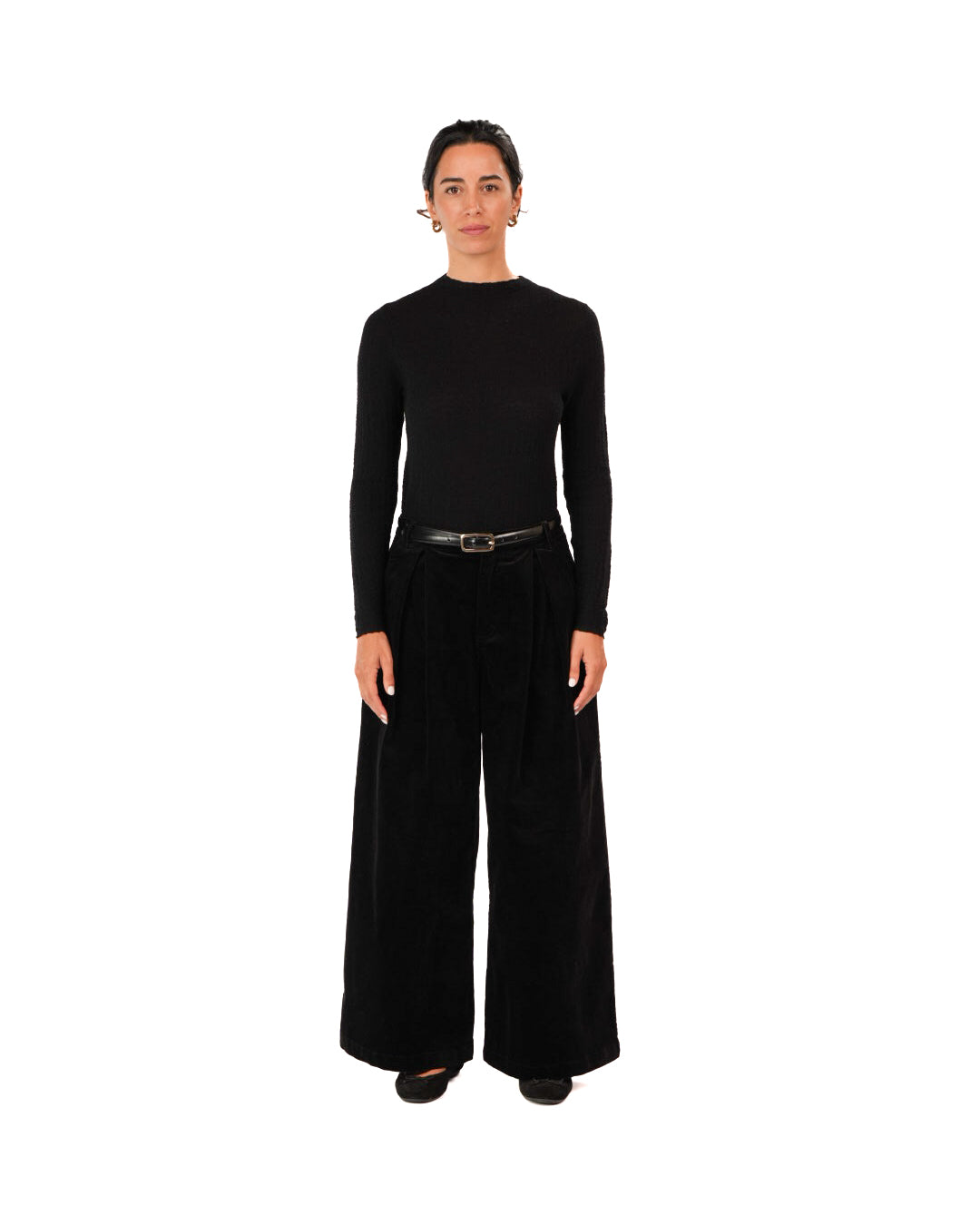Montaigne Premium Cotton Corduroy Pleated Wide-Leg Pants Black