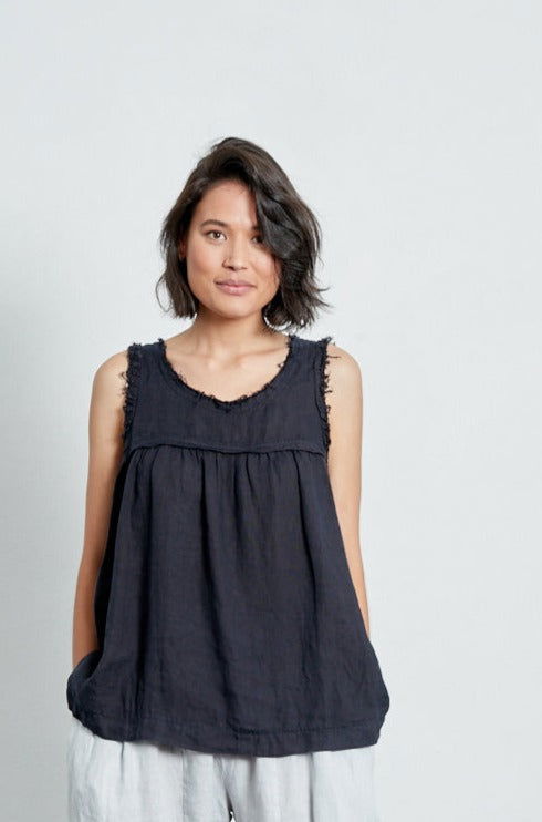 Montaigne Pur Frayed Singlet Top in Linen Navy