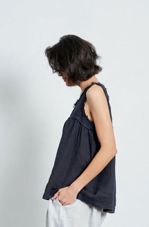 Montaigne Pur Frayed Singlet Top in Linen Navy2
