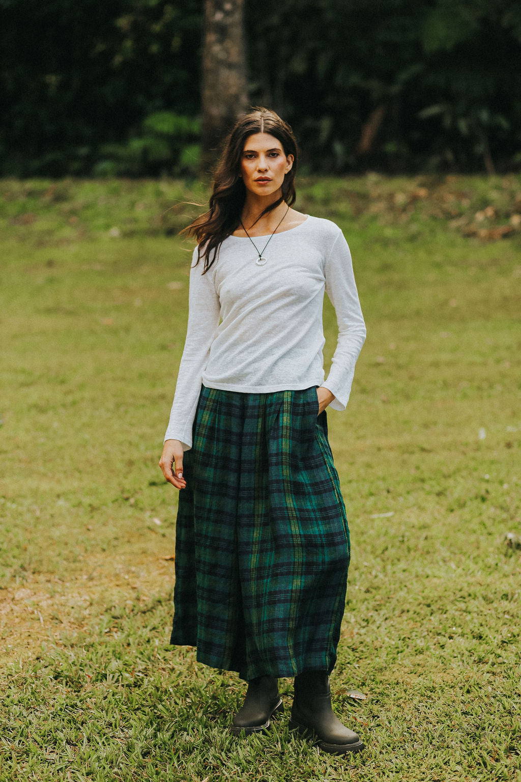 Montaigne Ralph Green &amp; Black Plaid Linen Culottes
