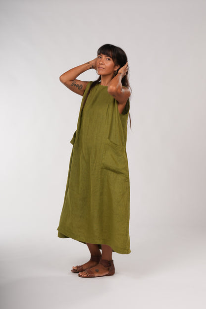 Montaigne Remy Linen Dress With Deep Front Pockets Acid Green