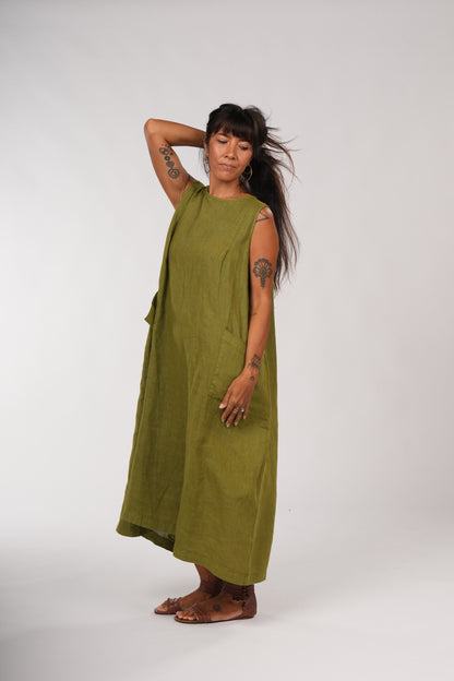 Montaigne Remy Linen Dress with Deep Front Pockets Acid Green1