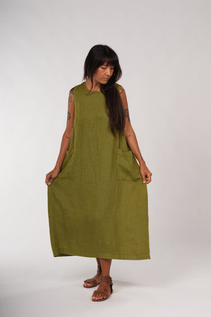 Montaigne Remy Linen Dress with Deep Front Pockets Acid Green3