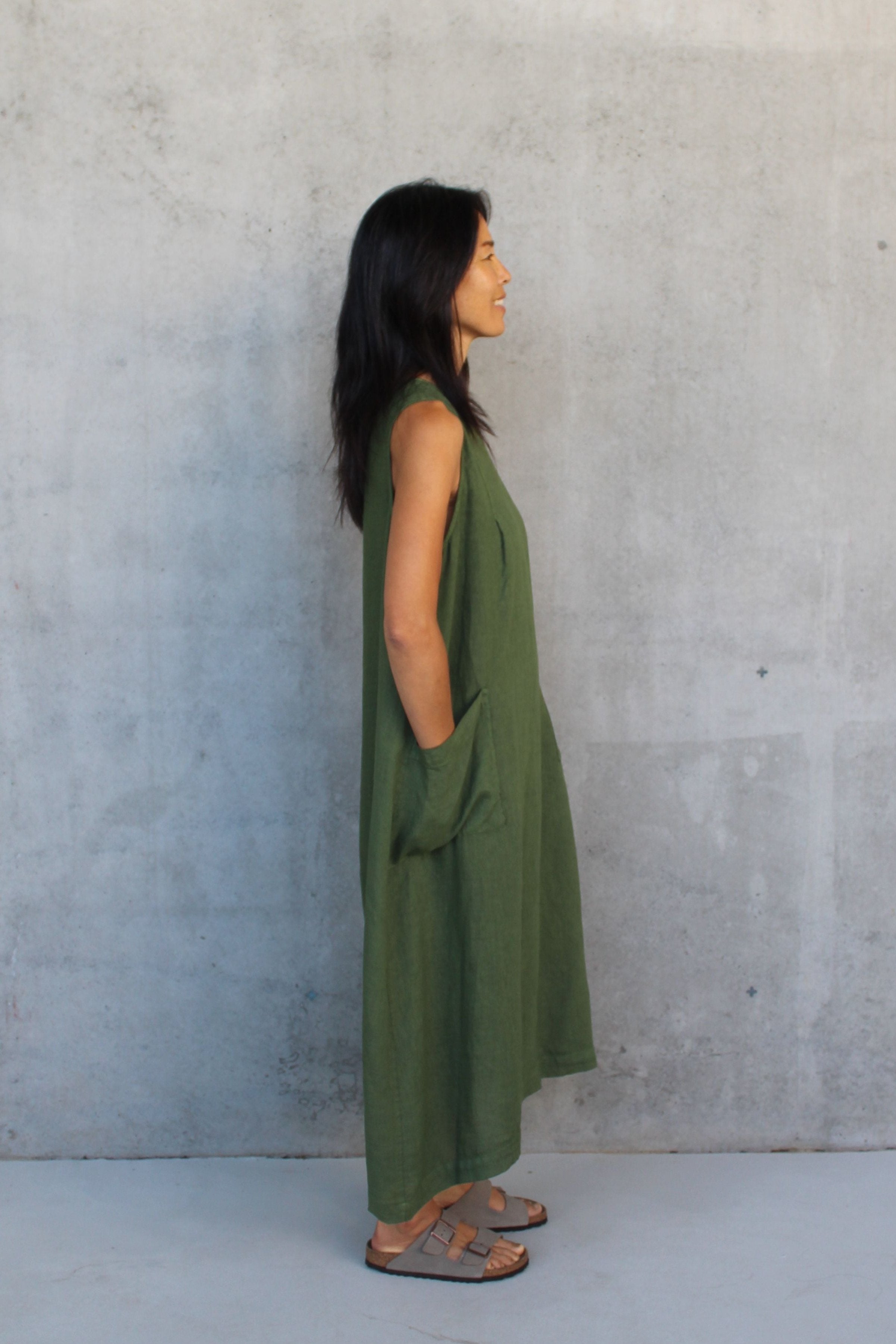 Montaigne Remy Linen Dress with Deep Front Pockets Forest Green