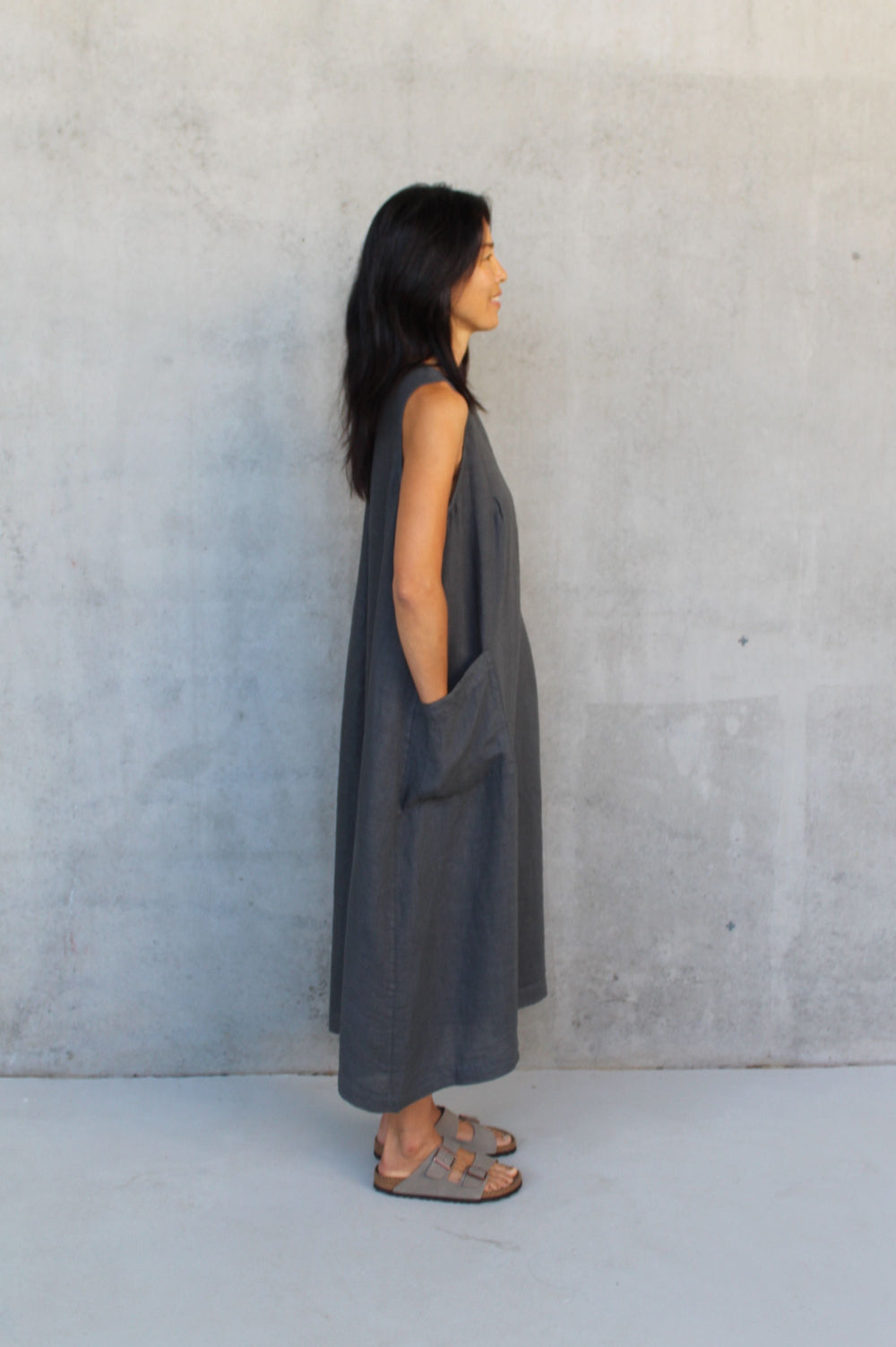 Montaigne Remy Linen Dress with Deep Front Pockets Petrol