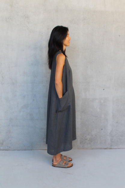 Montaigne Remy Linen Dress with Deep Front Pockets Petrol