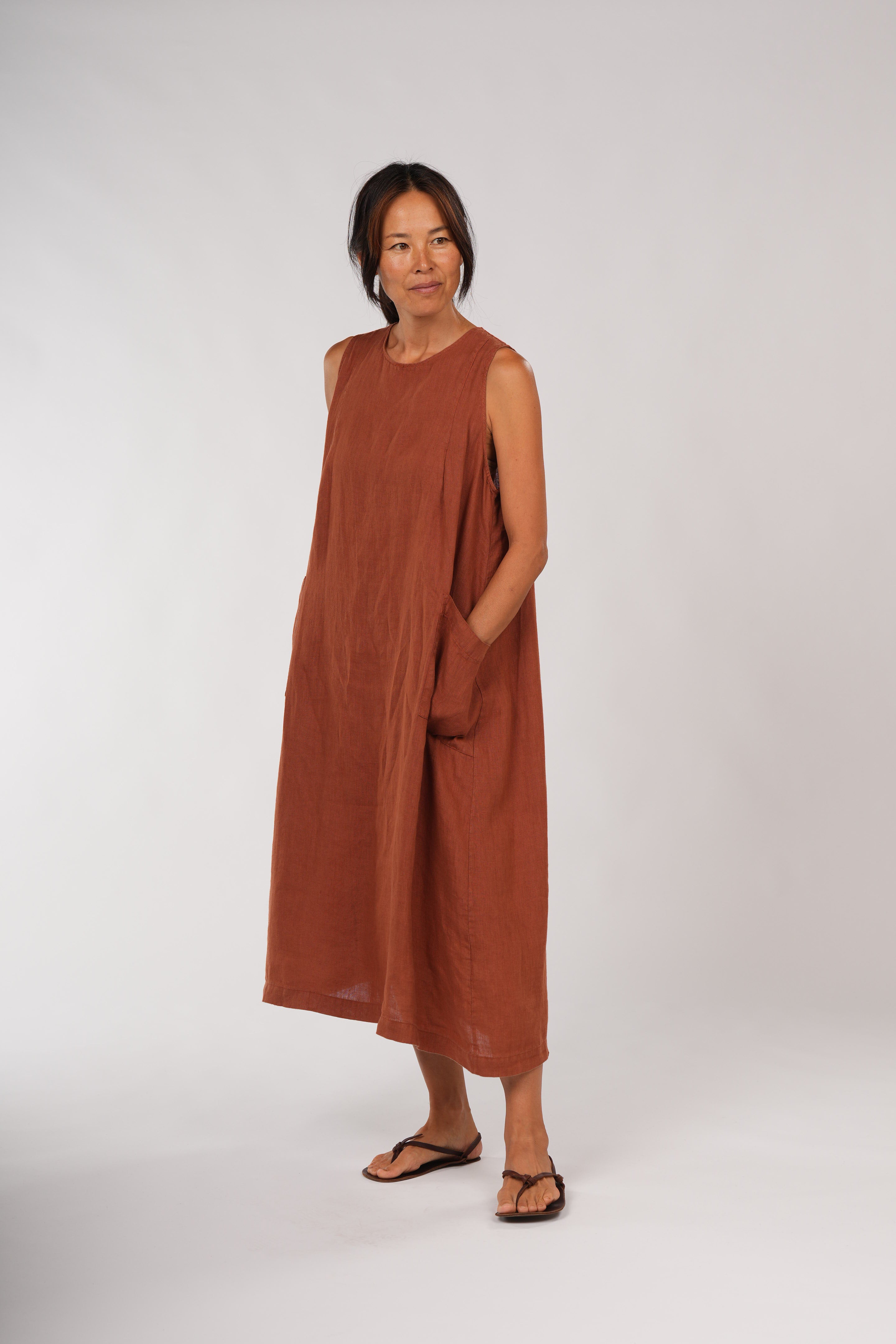 Montaigne Remy Linen Dress with Deep Front Pockets Rust