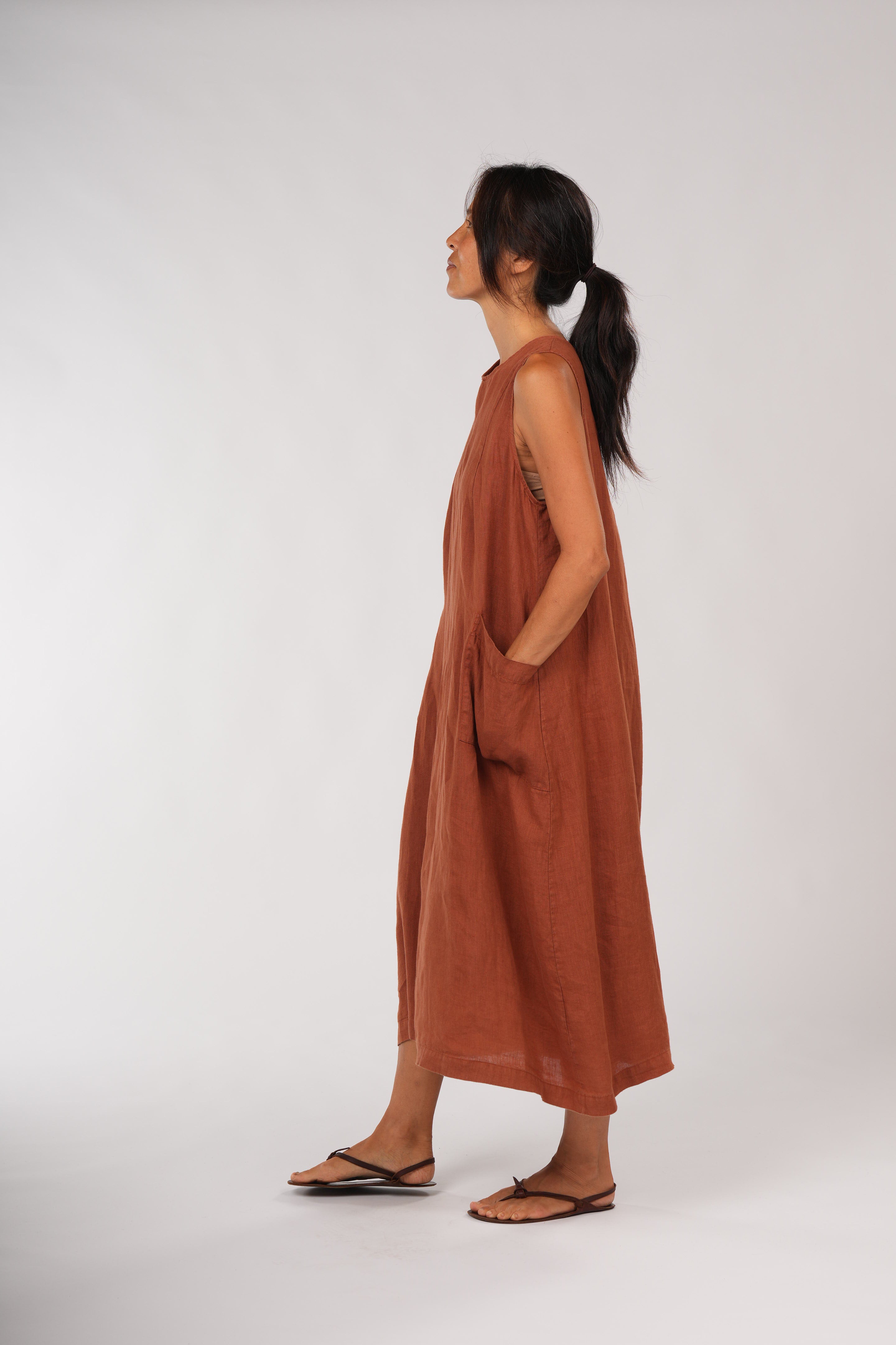 Montaigne Remy Linen Dress with Deep Front Pockets Rust2