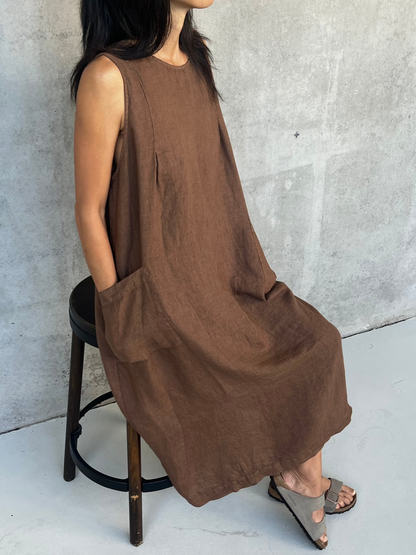 Montaigne Remy Linen Dress with Deep Front Pockets Tobacco