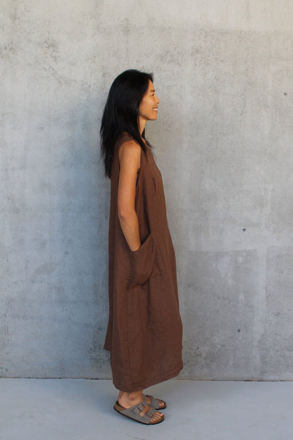 Montaigne Remy Linen Dress with Deep Front Pockets Tobacco1