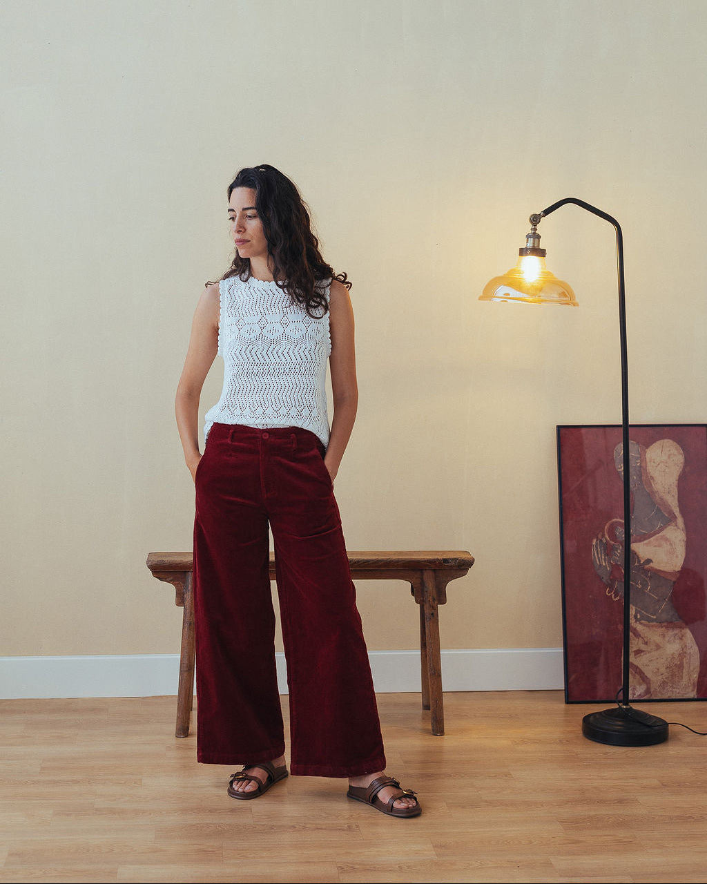 Montaigne Rene Corduroy Cotton Wide Leg Pants Berry