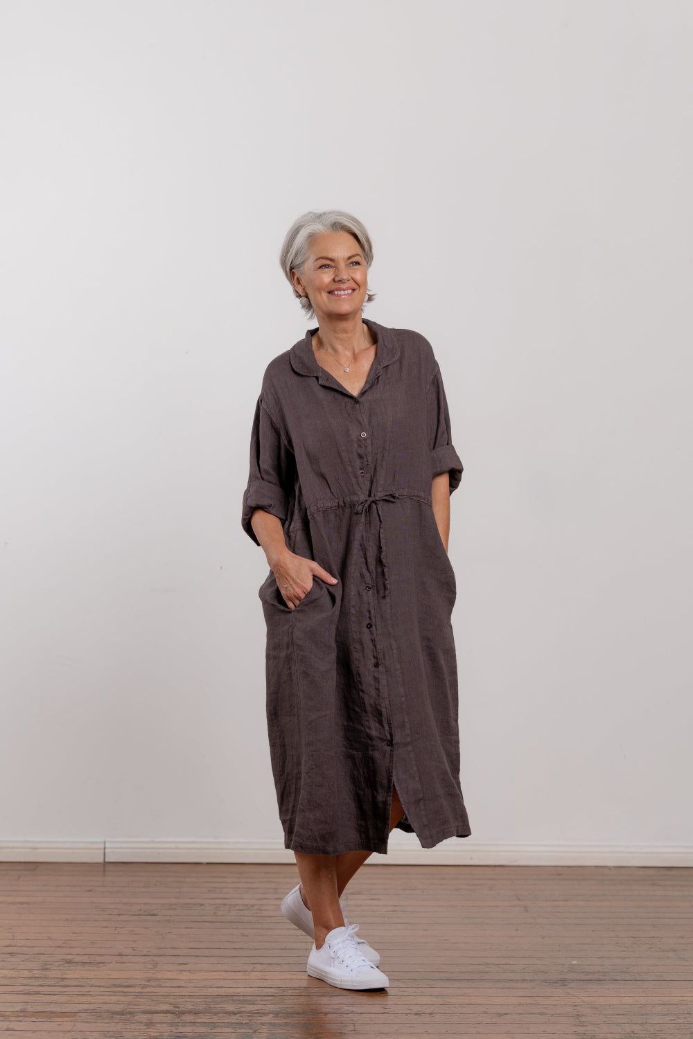 Montaigne Rodin Linen Drawstring Dress Rum Raisin2