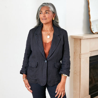 Montaigne Saint-Cloud Relaxed Fit Linen Blazer with Raw Seams Navy