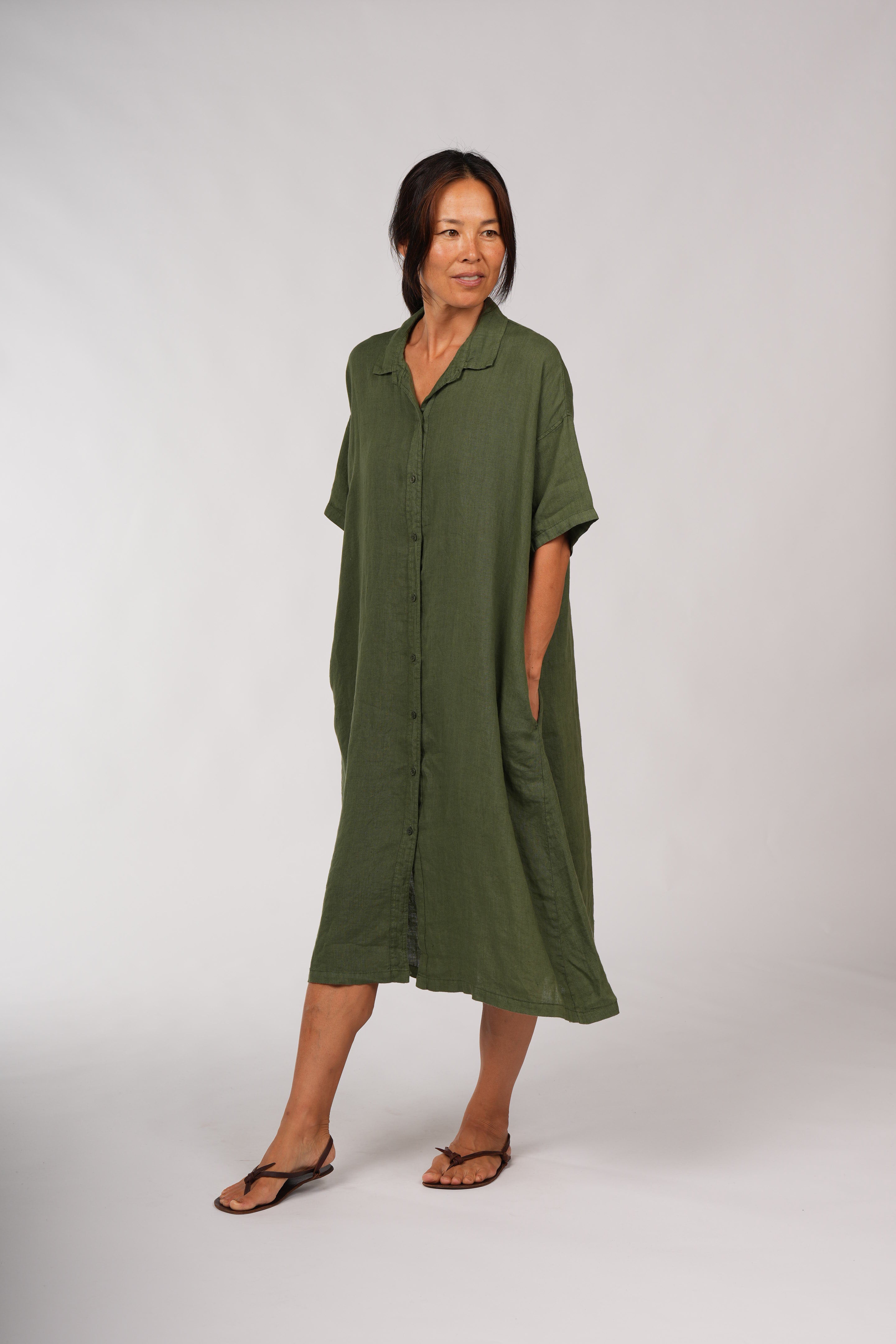 Montaigne Salomé Classic Linen Shirt Dress Forest Green